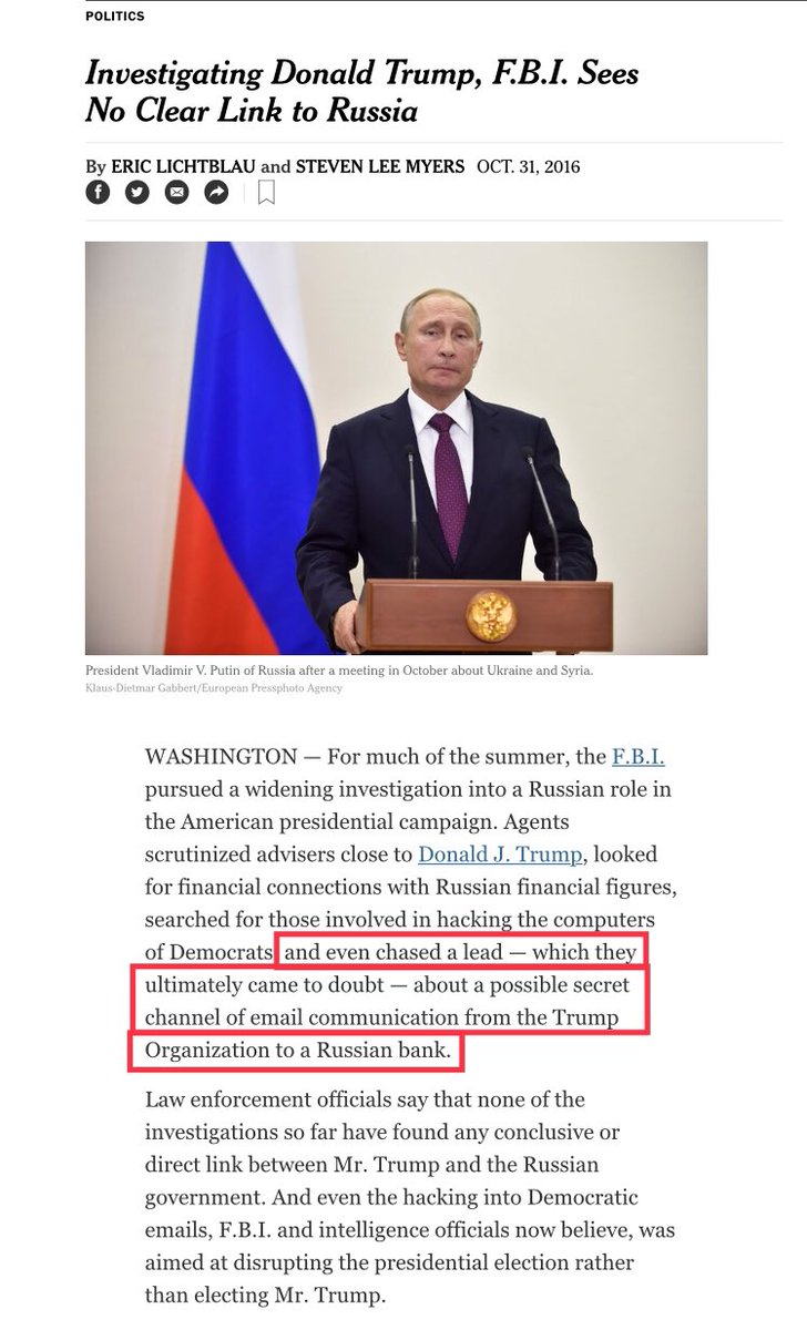 Several hours later, the New York Times published "Investigating Donald Trump, F.B.I. Sees No Clear Link to Russia." https://www.nytimes.com/2016/11/01/us/politics/fbi-russia-election-donald-trump.html