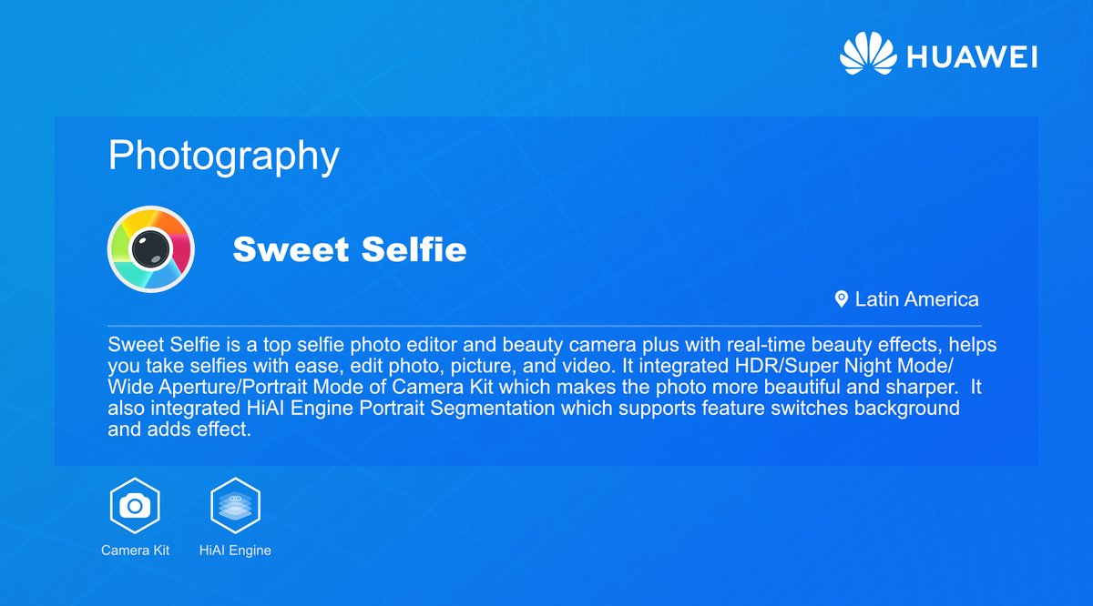 Huawei_devs's tweet image. Check out this #HWDevCase! 
 
Sweet Selfie is a top photo editor and selfie camera that integrates:

📸 HUAWEI Camera Kit
💻 HUAWEI HiAI Engine

Discover more:

Camera Kit 👉 bit.ly/2ALuyBR
 
HiAI Engine 👉 bit.ly/2MG4PgU 

#HuaweiDevelopers