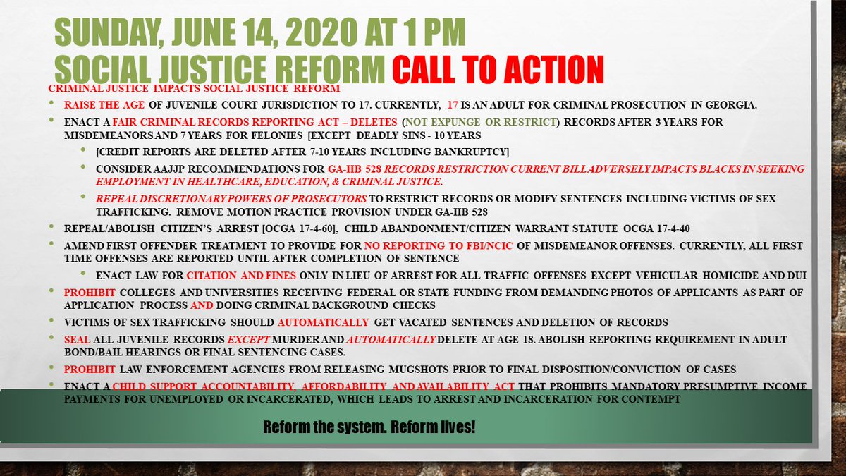 JeffersonandCo's tweet image. June 14th at 1pm Centennial Park AAJJP #ProtestWithPurpose b/c 4.2 million Georgians have arrest records that impact HEMS Housing Healthcare Education Employment Military Maintenance Support &amp;amp; Svc @SHAWTYSLIM @yooniebunn @christuckerreal @Matt_VanDyke @BanannaV @FreedomVoice_