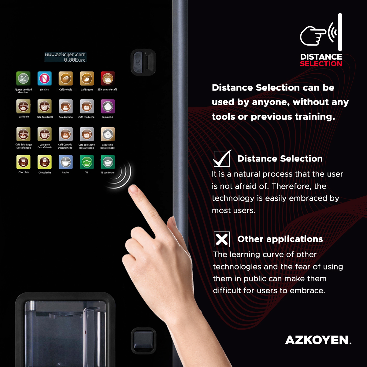 With Distance Selection your clients will know how to choose their product from the first moment, without the need to use other devices and without prior learning. Thanks to this technology, 100% of users will be able to use this selection mode. 

azkoyenvending.com/distance-selec…