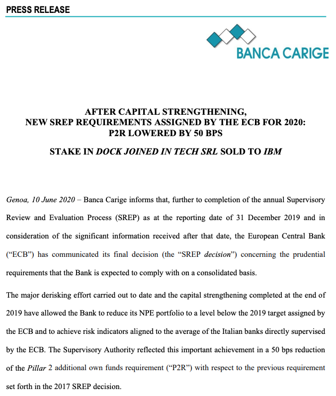 jonathanalgar's tweet photo. You have to admire the chutzpah of Banca Carige IR.

"The major derisking effort carried out to date and the capital strengthening completed at the end of 2019..” 

= €700m of state-directed equity from competitors &amp; the dumping of €2.8bn NPL on a state-run fund. https://t.co/h64jGuMgic