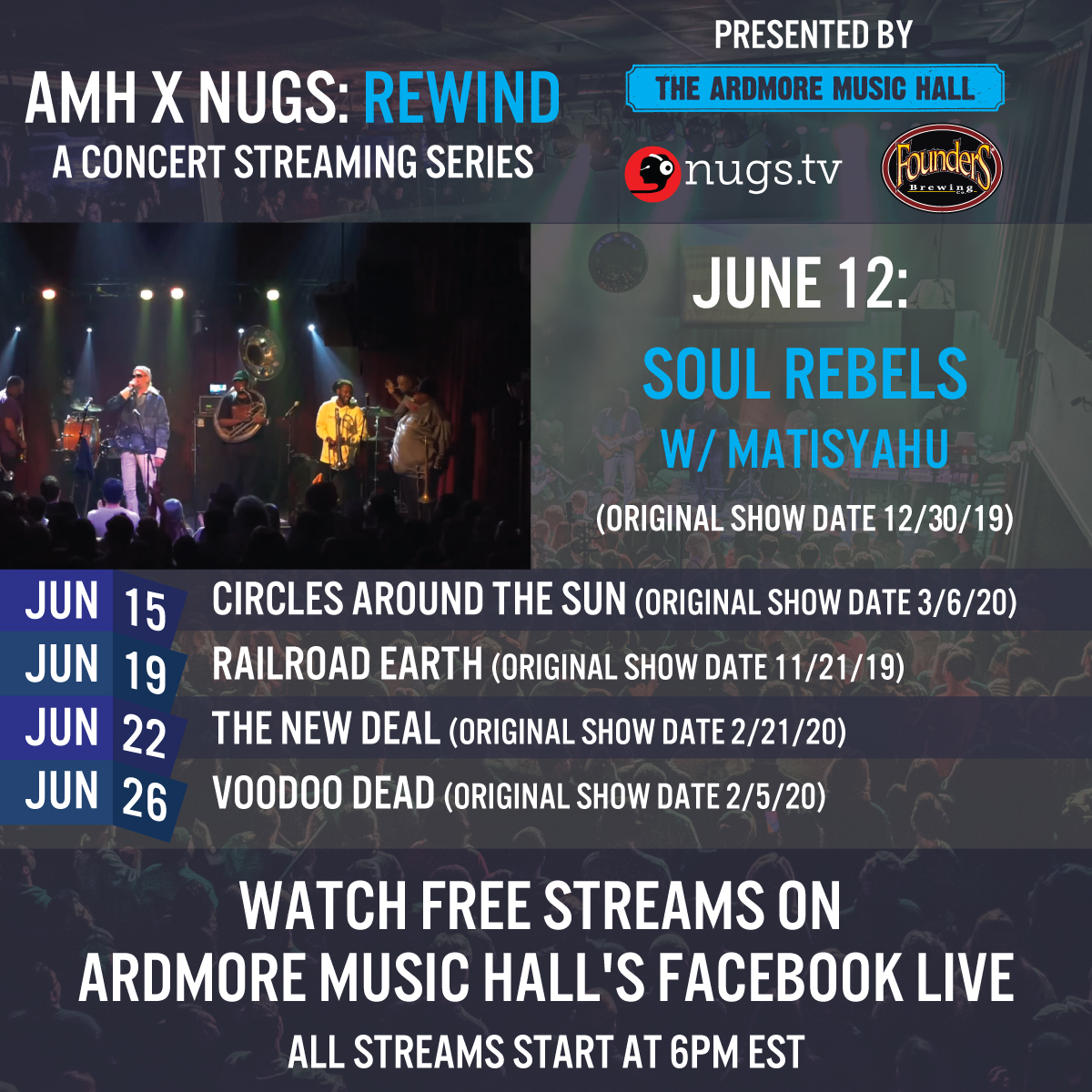 ArdmoreMusicPA's tweet photo. TOMORROW ๐บ๐ค๐ผ @SoulRebels and @matisyahu took it to another level for their 2019 show! Check that Rewind tomorrow with #CirclesSroundTheSun, @RailroadEarth, @thenewdealband and #VoodooDead streams all coming up! @nugsnet @foundersbrewing https://t.co/xJM0bDqf0G