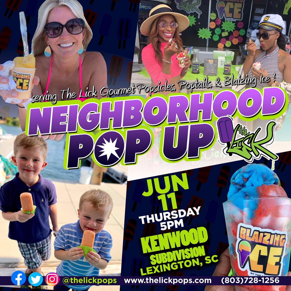 thelickpops's tweet photo. 💥 Lickpops in Lexington! 😎 We’ll be popping up in the Kenwood Neighborhood TODAY with yummy gourmet treats from 5-7PM! Come see us!
#Retweet for $1 off your Large Blaizing Ice order!
#thelickpops💥#pow 🔥#blaizingice🧊 #poptails🍸 #yum https://t.co/BqcF0IBYnU