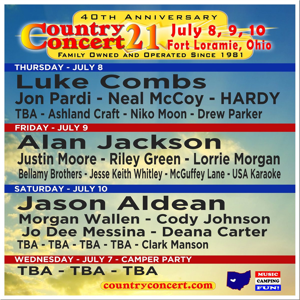 🎉@LukeCombs <a href="/OfficialJackson/">Alan Jackson</a> &amp; more join CC '21 Line up! We have all Main Stage lineup for 2021 confirmed and will announce the rest of the Saloon and Homegrown Honky Tonk artists as soon as possible. Get rollover, refund info or buy tickets at countryconcert.com
