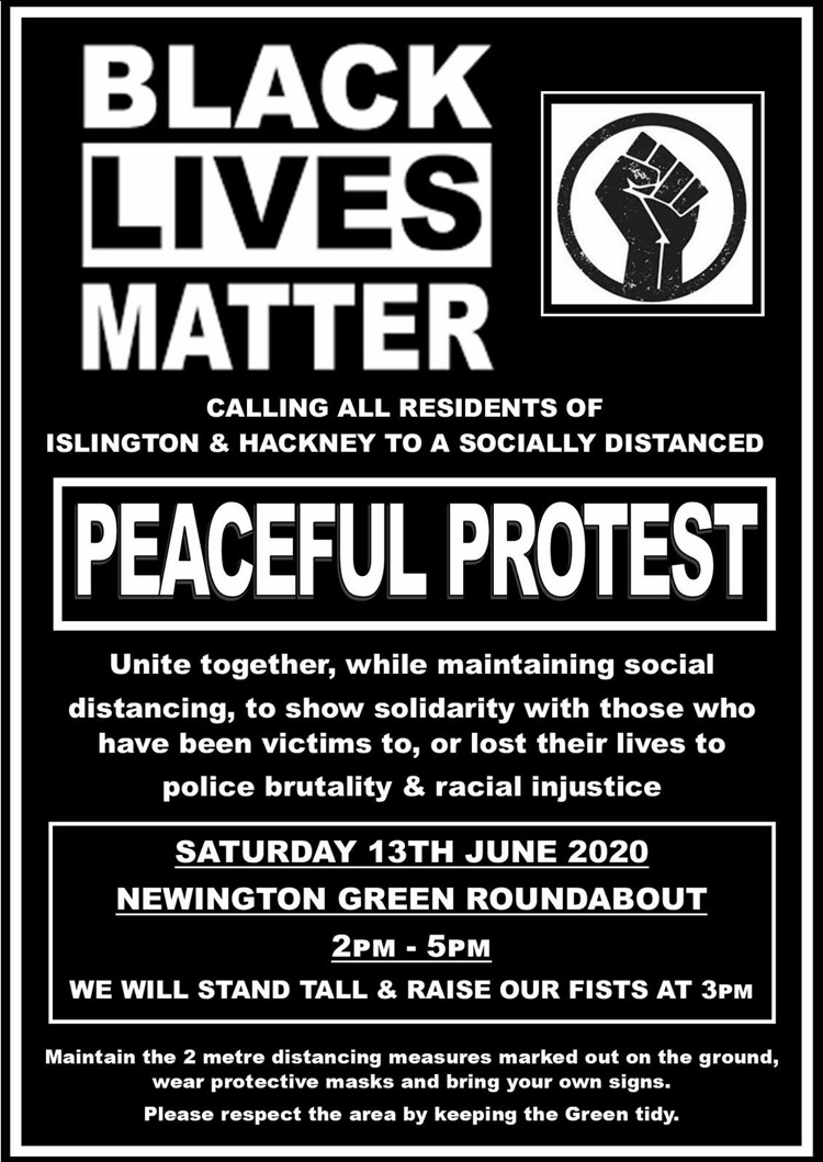 protest_people's tweet photo. Peaceful Protest | This Saturday 13th - 2pm - 5pm | Newington Green Roundabout | #blacklivesmatter #protestinpeace #TogetherWeStand https://t.co/rn6v7LXYtx