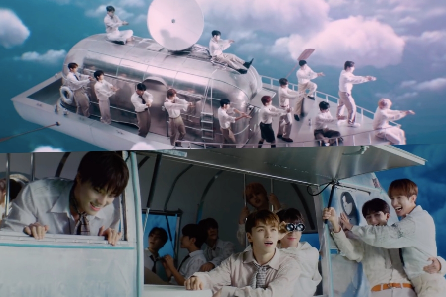 soompi's tweet photo. WATCH: #SEVENTEEN Takes A Journey In The Sky Together In Surprise #MYMY MV https://t.co/SVkuSKfGUc https://t.co/pbs8xtWl5D