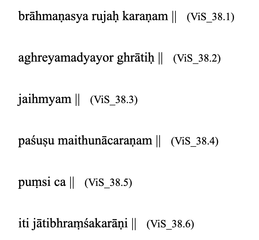 The viṣṇu smṛti says a similar thing – 38.1-8paśuṣu maithuna-ācaraṇam – performing copulation in an animal puṃsi ca – or in a maniti jātibhraṃśakarāṇi –– this, causes loss of jāti Performing copulation in an animal or a man, this causes loss of caste(5/5)