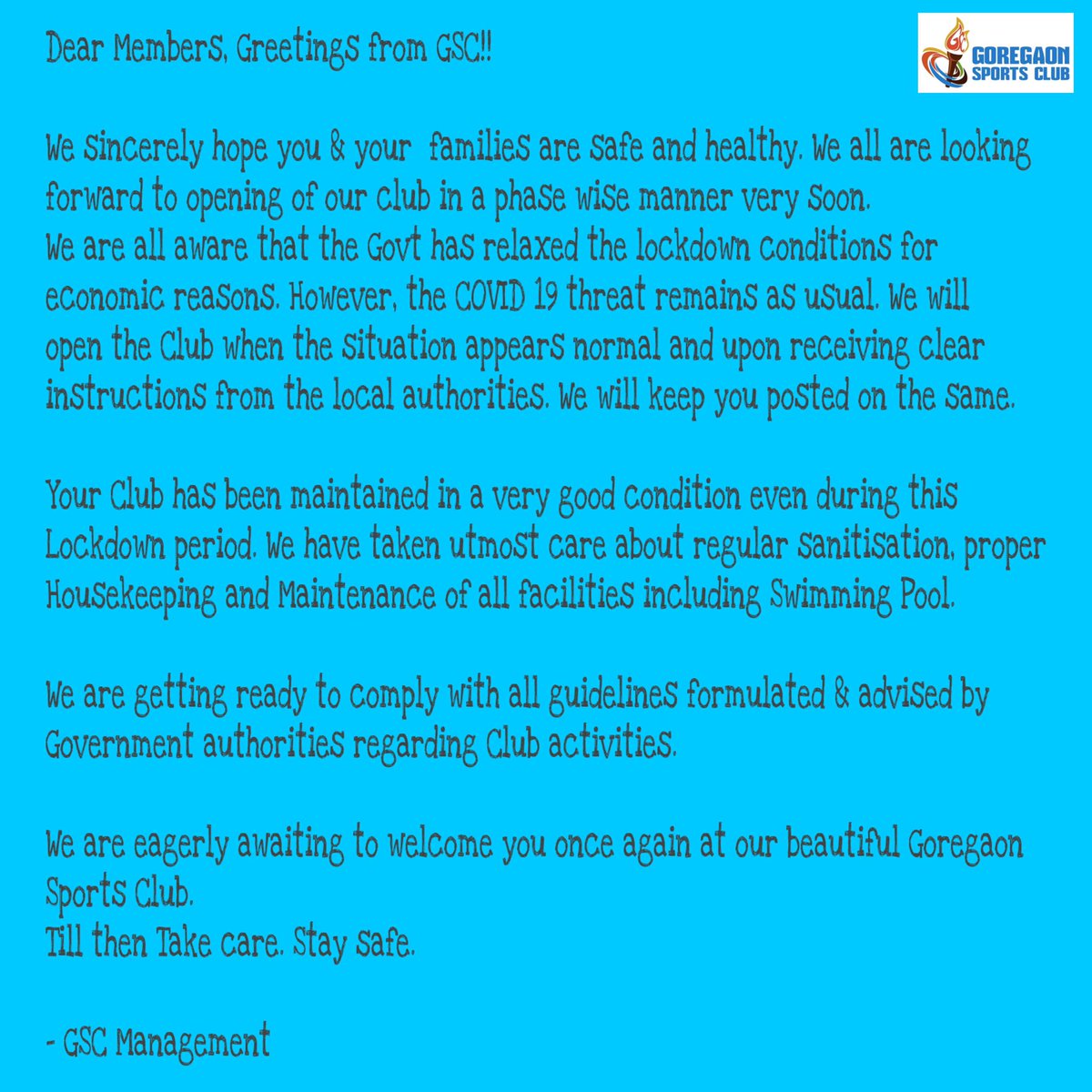 GSCMalad's tweet photo. #GoregaonSportsClub #GSCCares #StayHome #StaySafe #COVID19India #coronavirus https://t.co/peHmMyFduv