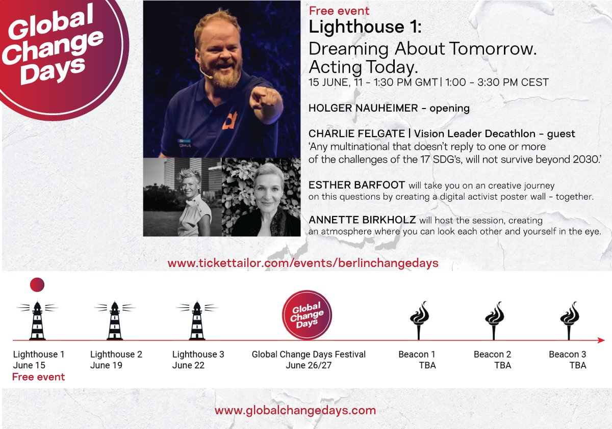 It's coming soon! Don't miss it! join the beginning of the Global Change Days great journey with the 1st Lighthouse, featuring thought leader 
<a href="/Decathlon/">Decathlon</a>
 Charlie Felgate.
Free admission.
Get ticket and long journey tickets here: lnkd.in/deexK_a
#gcd2020 #changemakers