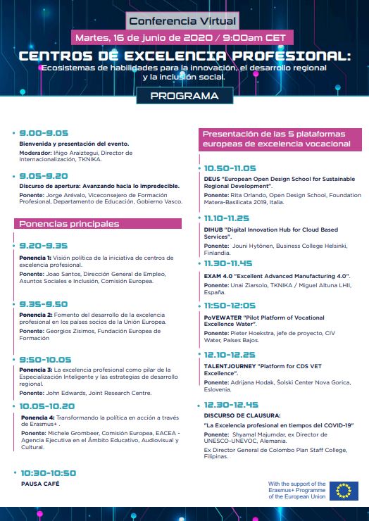 tknika's tweet photo. Conferencia Virtual: la excelencia en la formación profesional y el futuro de las plataformas europeas de excelencia profesional
🗓️Martes 16 Junio, 2020 
🕘9:00 a.m (CET)
💻 Registro: https://t.co/lEoH4MQoPN
#EUVocationalExcellence https://t.co/QLRVqNj3WF