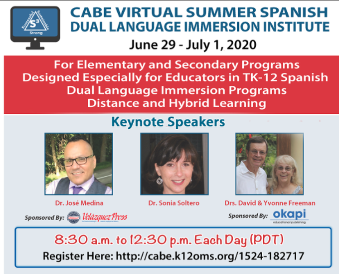 June 29-July 1
CABE Summer Spanish Dual Language Immersion Institute is going to be offered this year online 
Info: gocabe.org/wp-content/upl…
Register: cabe.k12oms.org/1524-182717
<a href="/MEGASDCOE/">Multilingual Education & Global Achievement- SDCOE</a>