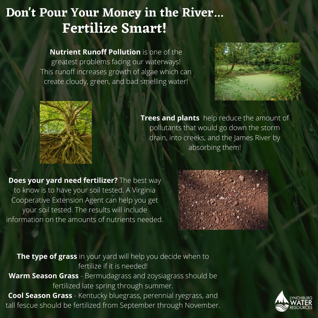 LynchburgH2O's tweet photo. Before you fertilize check with a @VCE_news agent to test your soil to see what nutrients it needs. Help keep the James River clean! #stormwater #lynchburgwaterresources #lynchburgH2O #trees #fertilizer #jamesriver #grass #OneChesapeake #AreYouBayAware #BayStrong #ChesapeakeBay https://t.co/O3xTWxhRtK