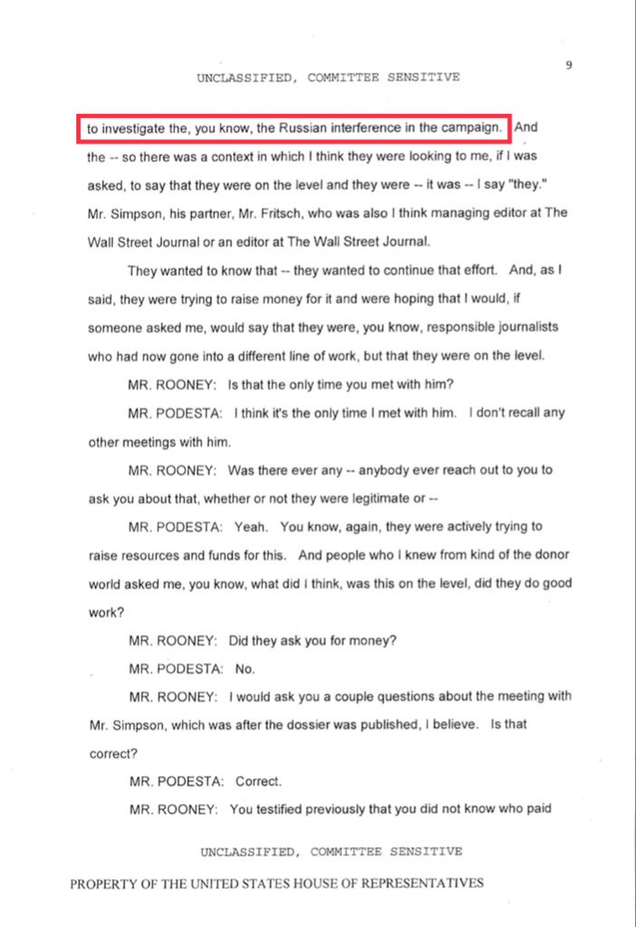 On February 10, 2017, John Podesta met with Fusion's Glenn Simpson and Peter Fritsch, as well as former Feinstein staffer Daniel Jones to discuss raising funds in order to investigate Russian interference during the 2016 election. https://intelligence.house.gov/uploadedfiles/jp239.pdf https://www.linkedin.com/in/danieljjones/