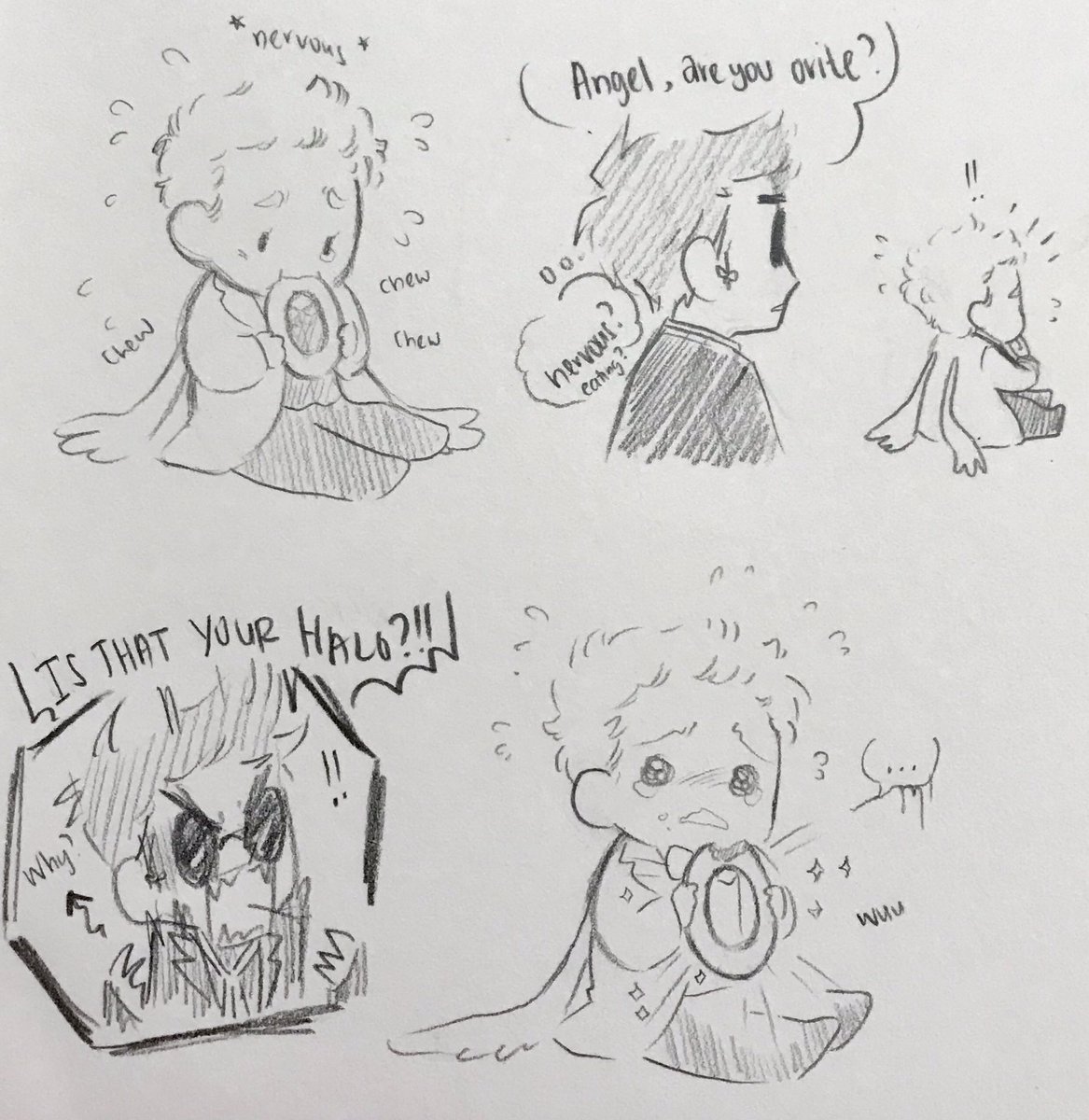 When Aziraphale is nervous/anxious he has a tendency to chew on his halo...  💫🥺

#GoodOmens #GoodOmensFanArt