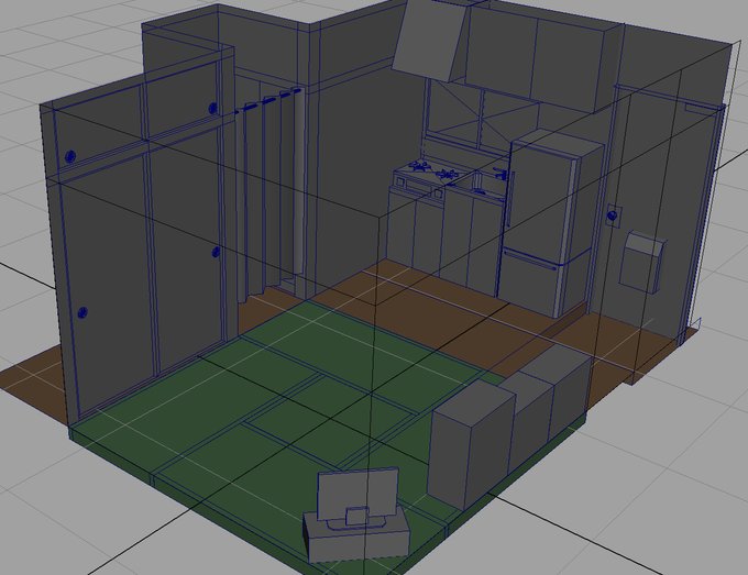 背景のアタリ参考用に四畳半モデリング中、そのまま使えるレベルの物作れないだろうから大体で。カメラアングルとか考えるのには良いかも 