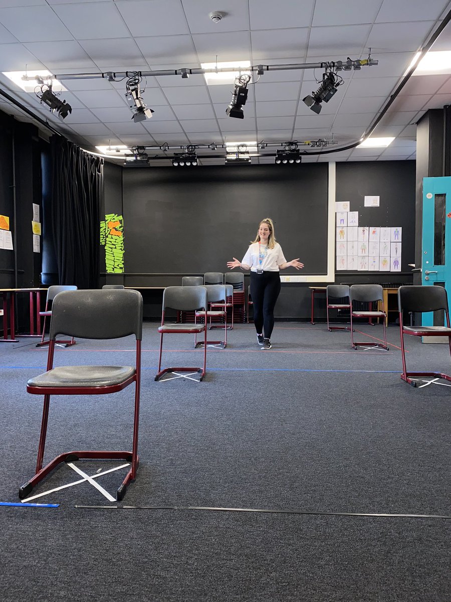 MrsBoyddrama's tweet photo. So this is what the @St_Rochs drama studio is looking like after today. It’s still a work in progress and I will show you the final product before starting back in August. But for now this is how it is looking so far #asociallydistanceddramastudio #sociallydistancedclassroom https://t.co/SZYpj4XaYo