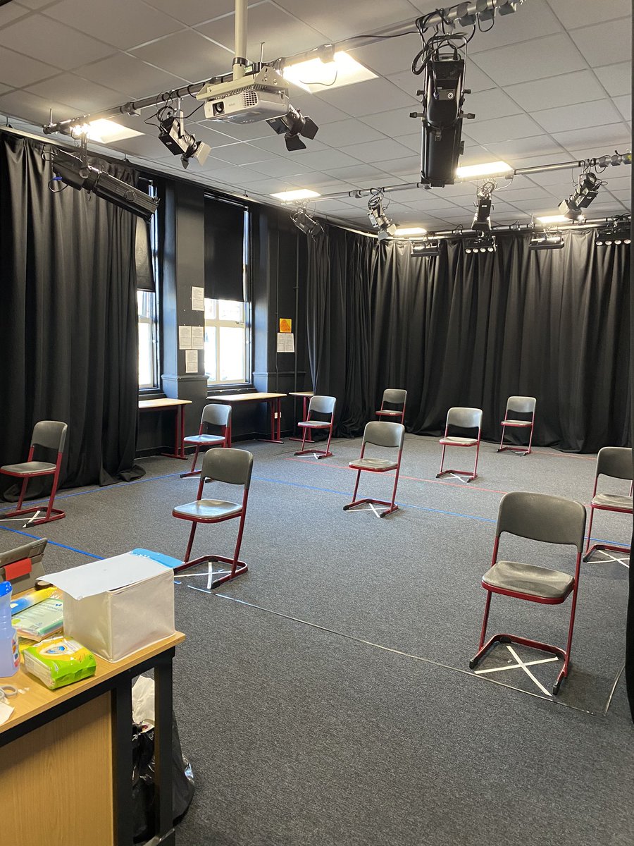 MrsBoyddrama's tweet photo. So this is what the @St_Rochs drama studio is looking like after today. It’s still a work in progress and I will show you the final product before starting back in August. But for now this is how it is looking so far #asociallydistanceddramastudio #sociallydistancedclassroom https://t.co/SZYpj4XaYo