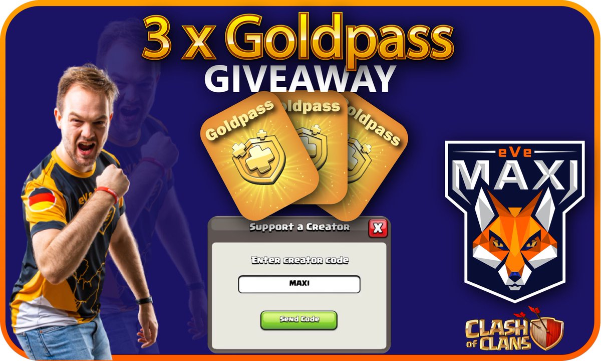 🔥CREATOR CODE MAXI IS HERE 🔥

🥳🥳🥳🥳🥳🥳🥳

⏰ GIVEAWAY TIME! 😎

🏅3 GOLDPASSES for <a href="/ClashofClans/">Clash of Clans</a> via PayPal! 💥

➡️ Retweet! 🔁
➡️ Follow me! 🦊
➡️ Tag 2 friends below! 👨🏼‍🤝‍👨🏾

🏆I will draw the Winners on Sunday, June 14th!

Good luck! 🍀❤️