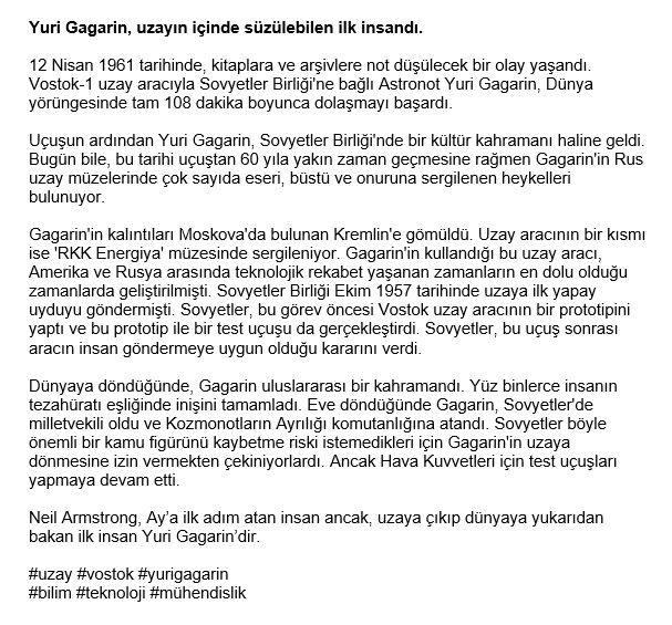 kulupbilim's tweet photo. Uzaya İlk Çıkan İnsan: Yuri Gagarin!

#uzay #yurigagarin
#bilim #teknoloji #mühendislik
#science #technology #engineering https://t.co/eM3jnz9iBd