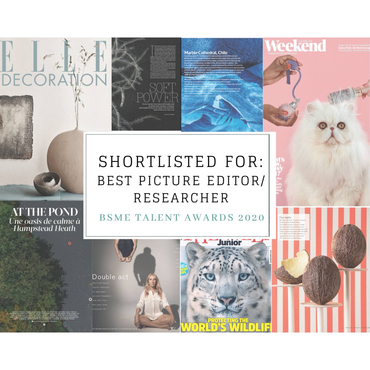 bsmeinfo's tweet photo. Congratulations to those shortlisted for Best Picture Editor/Researcher in the #BSMETalentAwards2020. @1843mag, @ELLEDecoUK, @Eurostar, @guardianweekend, @TelegraphMag, @theweekjunior, @ST_TravelMag and #WaitroseFood, you've got some serious talent. Winners revealed on June 25 👀 https://t.co/z9TYRHGkTZ
