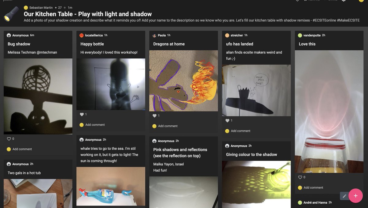 Great to see everyone engaged in tinkering with light and shadow today and share their explorations during our  #ECSITEonline webinar! Check out our virtual kitchen table padlet.com/smartinseb/azp…  <a href="/Ecsite/">Ecsite</a> #tinkeringathome #LightUpOurDays
