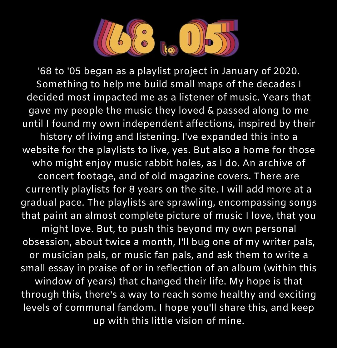 Hey, here is a really big project that I've been working on since January.  A place for folks who love reading about music, playlists, \u0026 rabbit holes.  I'm very excited to share, image size:1079x1112