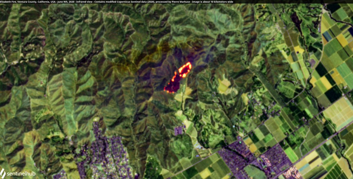 Pierre_Markuse's tweet photo. 🔥 The #ElizabethFire in #VenturaCounty, #California, #USA🇺🇸 9 June 2020 #Copernicus #Sentinel-2🛰️ Full-size ➡️ https://t.co/RRqiUtANiJ + https://t.co/GmWe2Ywm5A #RemoteSensing #scicomm #wildfire #OpenData Image is about 10 kilometers wide https://t.co/JJIx8xHNX2