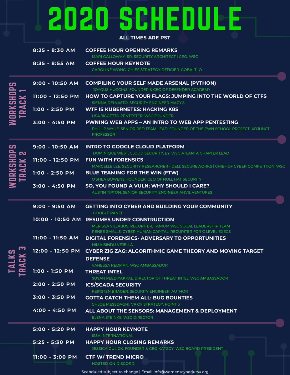 THE SCHEDULE!!!!!! It is here. Will you be there? Next Saturday starts 8:25 am PST! Free for members!!! Sign up today.  womenscyberjutsu.org/events/EventDe…