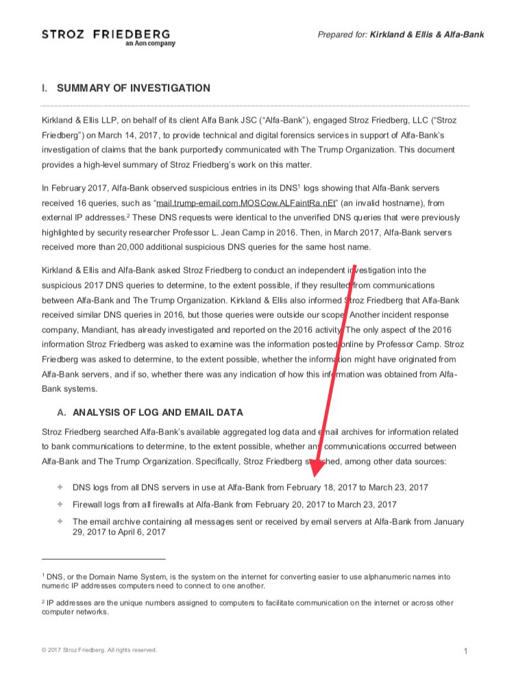 On February 18, 2017, cybersecurity company Stroz Friedberg began monitoring and capturing newly-restarted DNS activity between Alfa Bank and the Trump Organization. https://assets.documentcloud.org/documents/3899717/Benczkowksi-Alfa-Bank.pdf