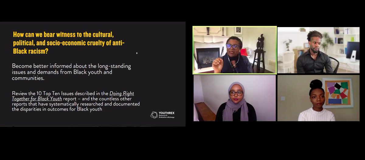 REXforYouth's tweet photo. Happening now: Dr. Uzo Anucha, Cyril Cromwell, Amina Hagar &amp; Clementine Utchay from our team discuss anti-Black racism, the current groundswell of protests, and the experiences of Ontario's Black youth as part of today's @YorkUAlumni's Scholars Hub @ Home online conversation: https://t.co/TDchy8Deid
