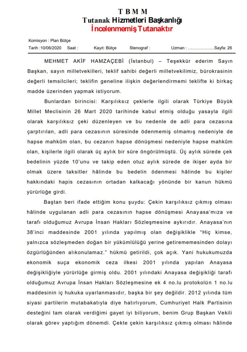 Akif_Hamzacebi's tweet photo. Karşılıksız çıkan çek nedeniyle verilen hapis cezasının kaldırılması şarttır. Konuya ilişkin Kanun Teklifim TBMM'de bekliyor. Üç aylık süreyi bir yıla çıkaran Teklifin Plan ve Bütçe Komisyonu görüşmelerinde de bu hususu ifade ettim. Konuyu takip edeceğiz. https://t.co/ohgvDGqr5s