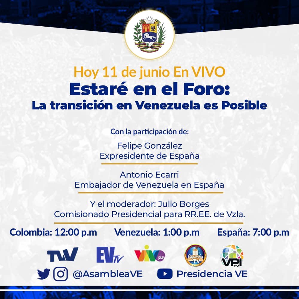 jguaido's tweet photo. Es un honor participar hoy en el encuentro con el Ex Presidente Felipe González, para mantener en el foco de la política mundial la necesidad de una transición democrática en nuestro país. 

Podrán verlo en vivo desde la 1:00 pm (Venezuela) en este canal https://t.co/iRdI1MuII3 https://t.co/vyRQbu5mLU