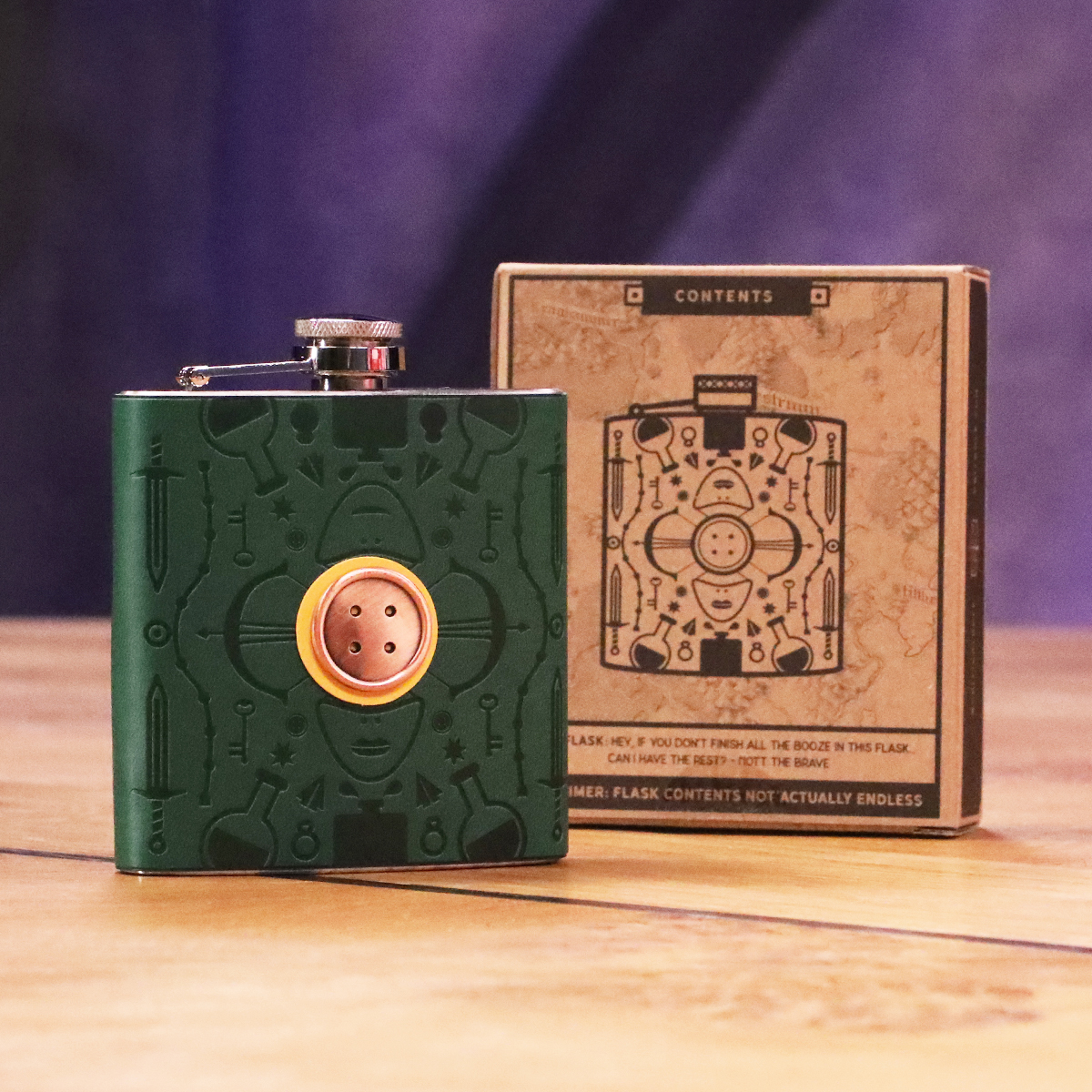CriticalRole's tweet photo. MERCH ALERT!

Our Nott the Brave Flask features stunning embossing of a few of a goblin’s favorite things including a prized button right in the center. Available now at ALL of our online shops!
 
https://t.co/WUP8BG4ncR
https://t.co/36ovqmt7g3
https://t.co/ksf03IYNyy https://t.co/7JyCx7pfLE