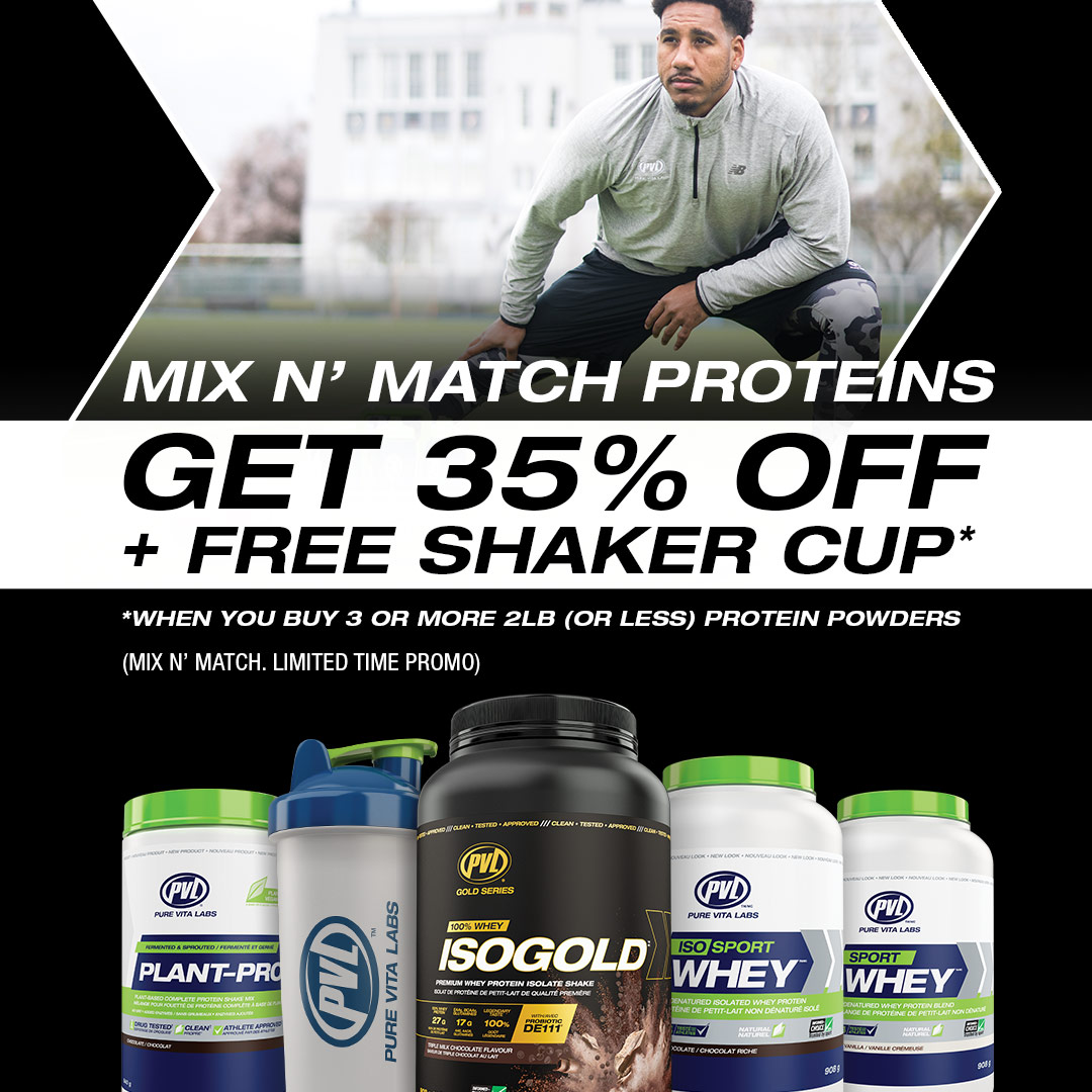 You need more protein!  For a limited time ALL 2lb protein powders are 35% off when you buy 3 units or more!  Mix and match plant protein and whey options.  FREE shaker included with every order! #poweredbypvl #pvl #protein