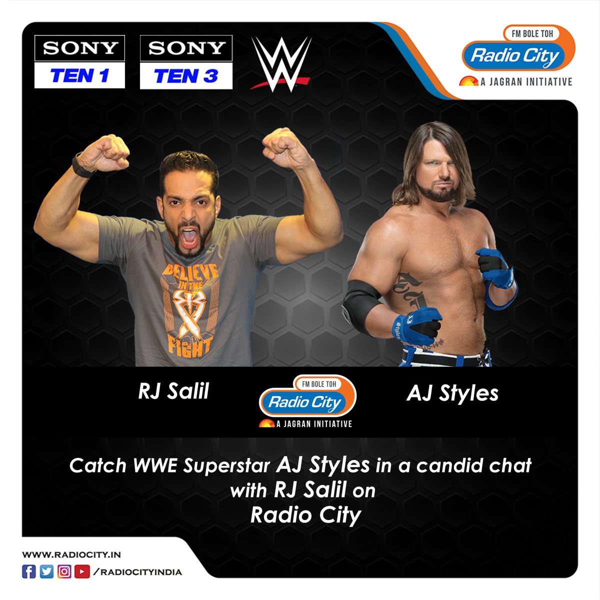 radiocityindia's tweet photo. Tune in to Radio City Mumbai this Saturday from 7am-12pm to listen to WWE Superstar AJ Styles in a candid chat with RJ Salil.

@SonySportsIndia @WWE @Salilacharya https://t.co/MX9AAIzohB