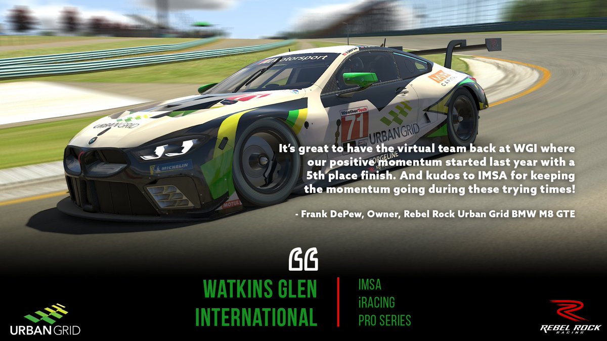 Team Owner, <a href="/FrankDePew/">Frank DePew</a> is big supporter of <a href="/IMSA/">IMSA</a>'s efforts to keep fans engaged during this unprecendented period. He is also a big supporter of our driver, <a href="/MBellRacing/">Matt Bell</a> who will get behind the wheel of the #71 <a href="/Urban_Grid/">Urban Grid Solar</a> <a href="/BMWMotorsport/">BMW M Motorsport</a> M8 GTE for the last time this evening.