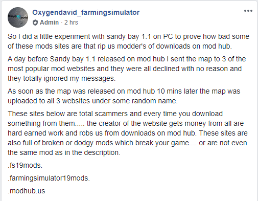 Virtual_Farmer's tweet photo. As I've said many times before, if you respect those who put in the time and effort to create the great mods for #FarmingSimulator19 that we all enjoy, please be careful where you download those mods from and ensure that those sites properly respect those modders too. https://t.co/un2rykhW1J