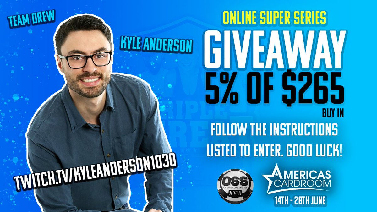 I'm giving away a 5% sweat in this upcoming OSS series event on Americas Cardroom &amp; will be streaming it LIVE on twitch.tv/kyleanderson10…

TO ENTER:

1) FOLLOW ME <a href="/KyleAAAnderson/">Kyle Amaral Anderson</a> &amp; <a href="/ACR_POKER/">ACR Poker</a> 
2) Like + Retweet this tweet

Winner announced day of the event!

#OSSXVII #Giveaway