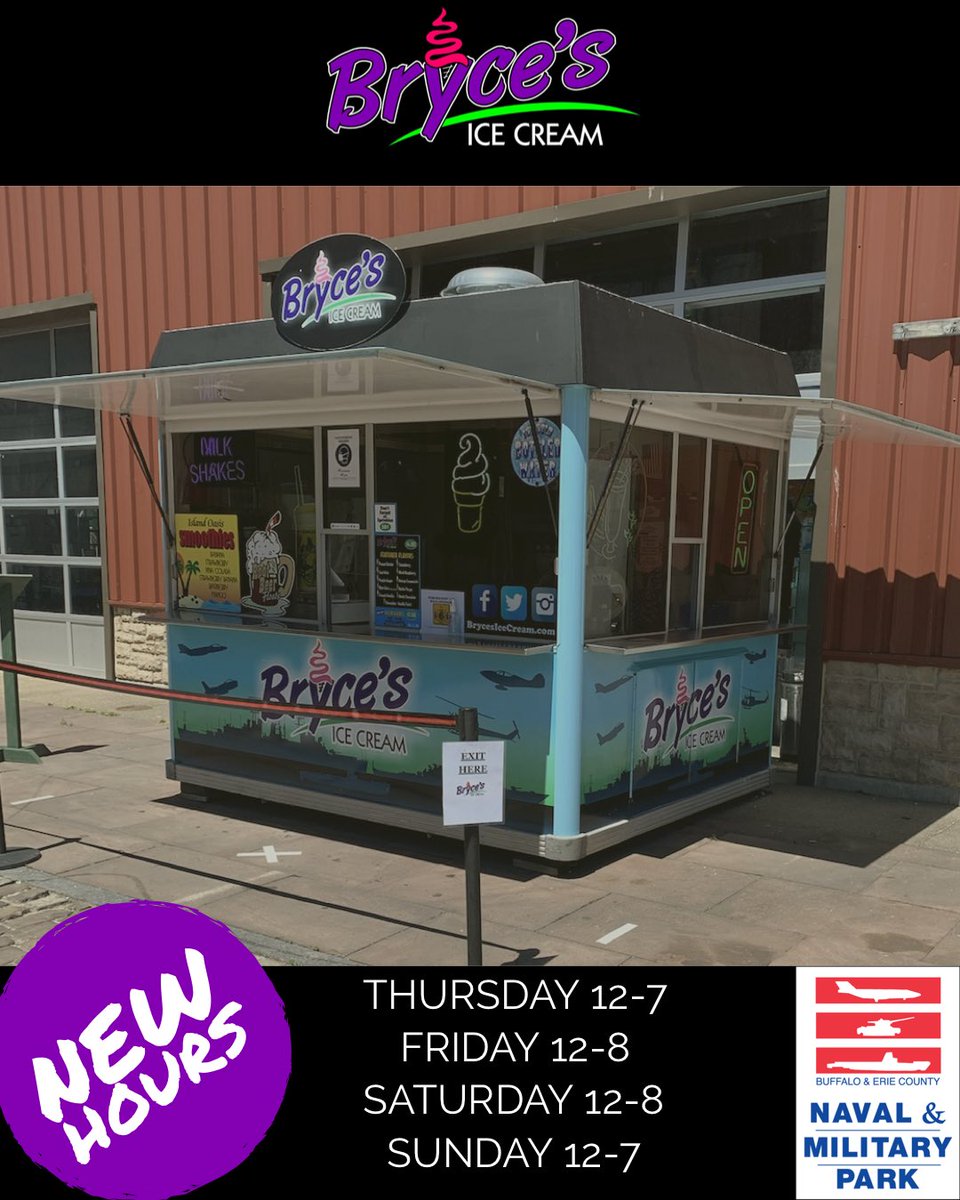 BrycesIceCream's tweet photo. 🚨 UPDATED HOURS 🚨

Bryce’s Ice Cream at the Buffalo and Erie County Naval and Military Park will be open this Thursday-Sunday at the times pictured below. (Follow our page for updated Summer hours coming soon) 🍦

#BuffaloStrong #BuffaloNY #Buffalove https://t.co/4uywNO6Emr
