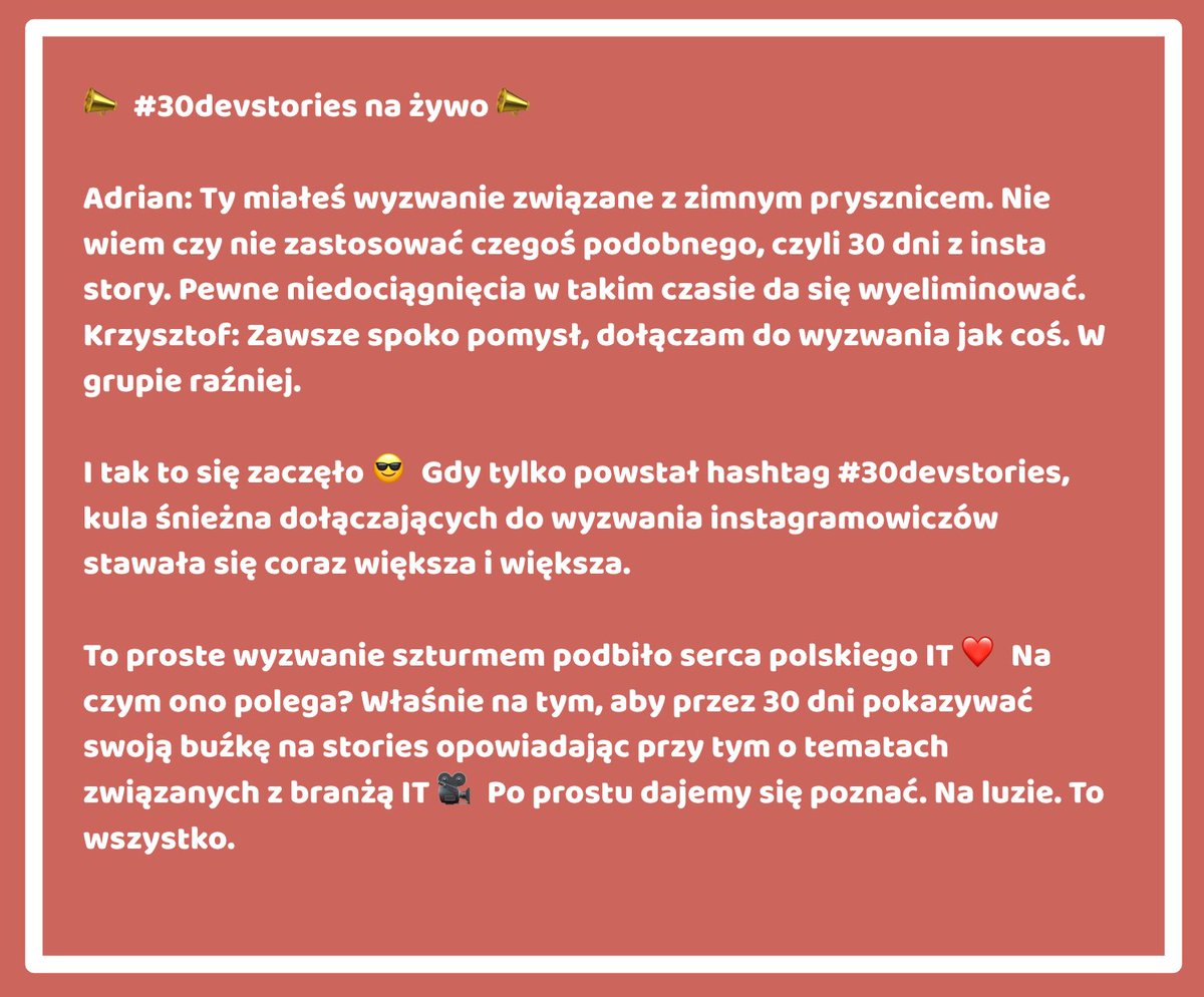 PiatkiNaProd's tweet photo. 📣 #30devstories na żywo 📣
Wraz z @kjendrzyca i @adrian_pietka lecimy z najgorętszym trendem IT w ostatnim ponad miesiącu 💪 Na żywo! Zapraszamy na live 💪 17 czerwca o 18:30 😊 https://t.co/0CbqorgE8Z