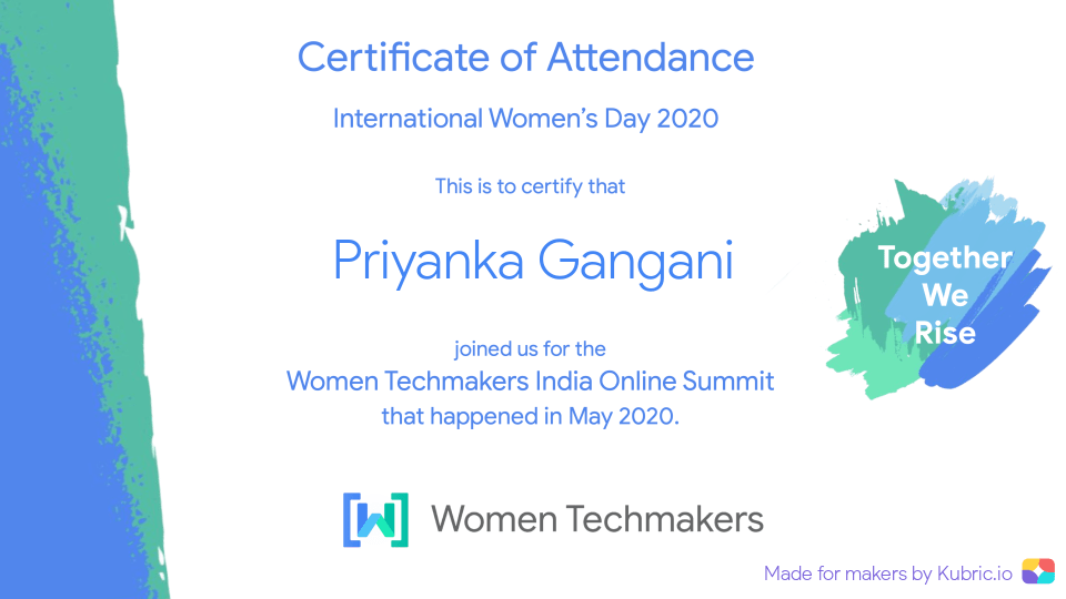 priyanka01_95's tweet photo. Here's the certificate of attendance from 
@WtmIndia Thank you for made lockdown So interesting. 

I was looking forward to all the sessions.
4 Amazing days and tracks.

#TogetherWeRise  #WTMIndia #womentechmakers #WomenInTech #IWD2020 #WTMAhmedabad
@WTMAhmedabad https://t.co/EyUmYnquv1