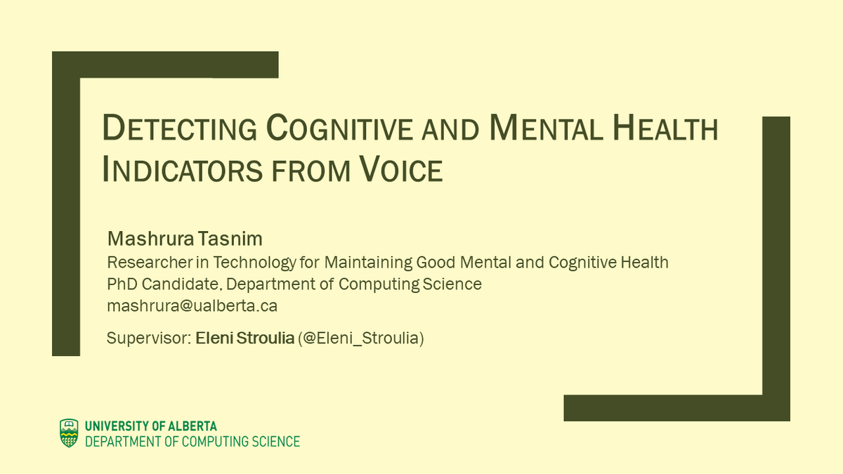 MashruraTasnim's tweet photo. Welcome to my presentation on “Detecting Cognitive and Mental Health Indicators from Voice”; focusing on diagnosis of #dementia and #depression, a reality for about 7% and 15% Canadian seniors respectively. #AWepic2020 https://t.co/yBJxYVRwQE