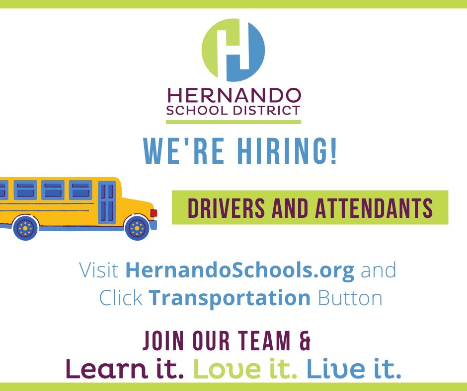 HernandoSchools's tweet image. 🚏PLEASE SHARE 🚌 Our transportation department is hiring bus drivers &amp;amp; attendants! Visit hernandoschools.org &amp;amp; apply today. #HernandoSchools #TeamHernando #WatchUsLiveIt #LearnitLoveitLiveit