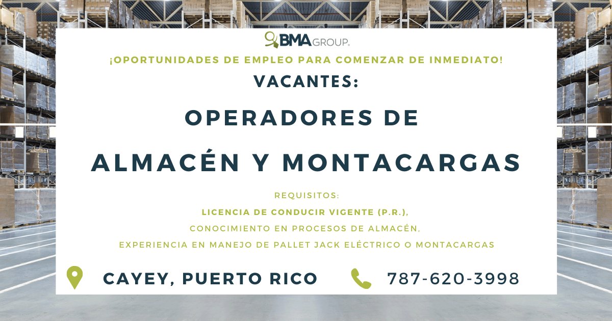BMAGroupGlobal's tweet photo. ¡Oportunidades de empleo para comenzar de inmediato como Operador de Almacén y Montacargas en Cayey, PR! https://t.co/WFDBVQohUv