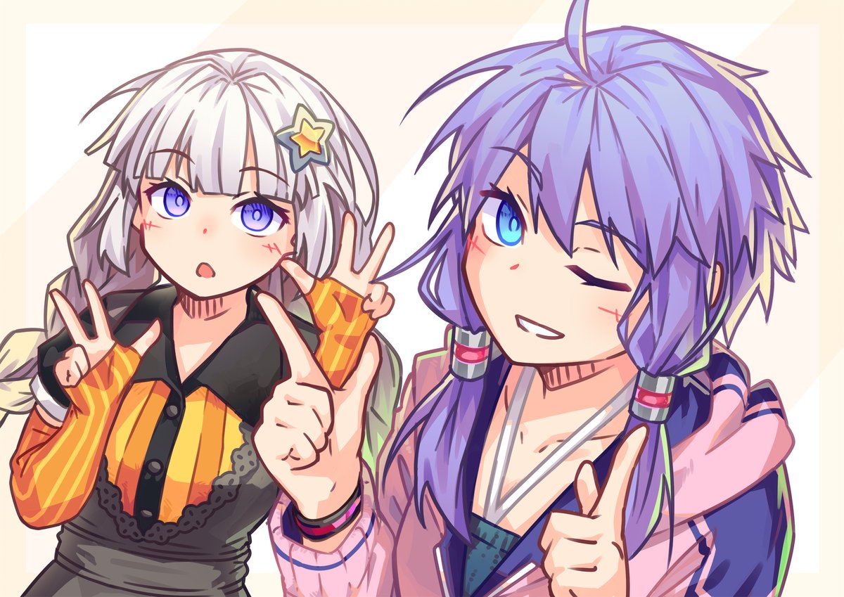 kizuna akari ,yuzuki yukari multiple girls 2girls purple hair hair ornament one eye closed orange gloves blue eyes  illustration images