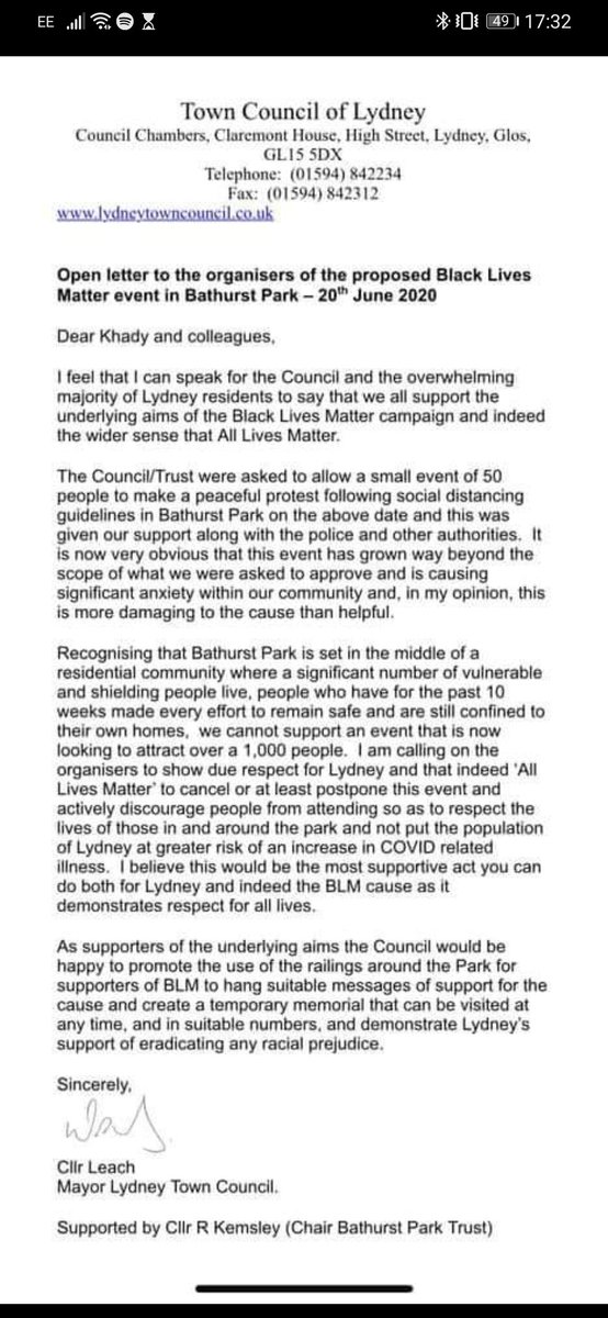 Sephipops's tweet image. Congratulations Lydney. You have outdone yourselves by quoting "All Lives Matter" twice, and reminding people to respect all lives whilst withdrawing support for a BLM event. #BLM