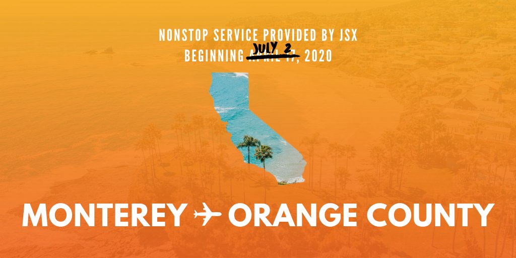 montereyairport's tweet photo. Many have been patiently waiting for @flyjsx service to start here at Monterey. If that's you, we've got great news! The @fly_BUR and @JohnWayneAir routes will begin on July 2nd, operating out of Monterey Jet Center. Visit https://t.co/3tXeJ54TCo for more information. https://t.co/NH5VICzMsf