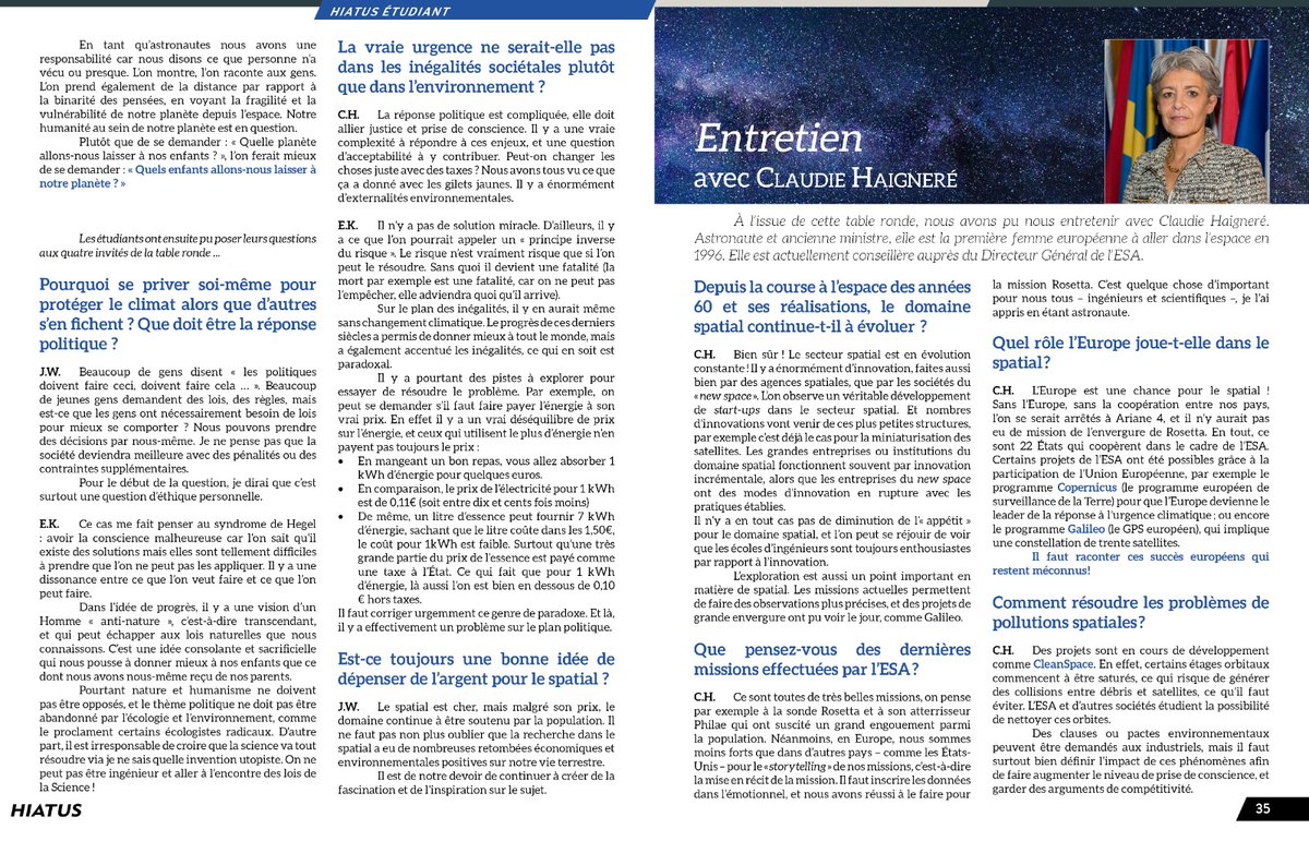 📕 Hiatus, la revue des étudiants de Paris-Saclay, a eu la chance de s'entretenir avec Claudie Haigneré ! Ancienne ministre et astronaute 👩‍🚀☄️, elle nous a parlé des évolutions actuelles du spatial. Un grand merci à l'<a href="/ESA_fr/">ESA France</a> !
Lien de la revue : tinyurl.com/hiatus3ps