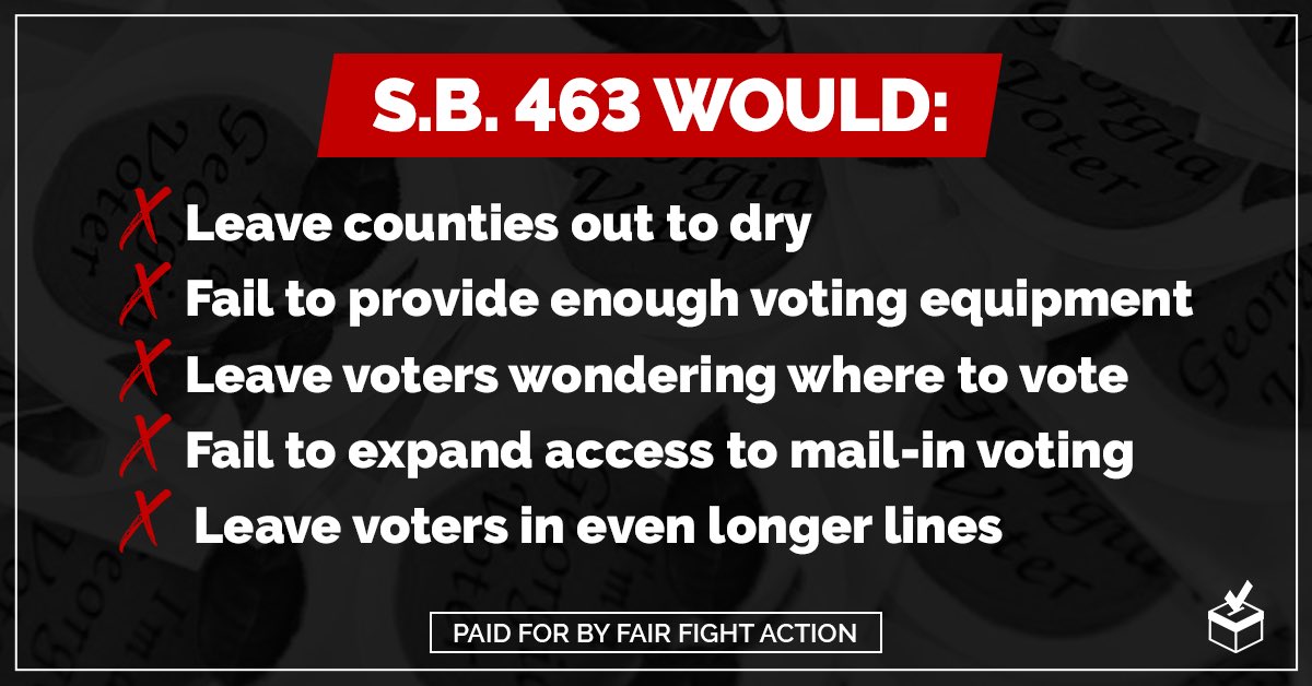 fairfightaction's tweet photo. ACTION: In GA’s primaries, voters faced up to 8-hour lines and thousands of absentee ballots that were never received. Now, the GA House is set to take up another anti-voter bill. SB 463 lets @GaSecofState off the hook for administering elections, passing the buck to counties 1/2 https://t.co/O4nqQP19nc
