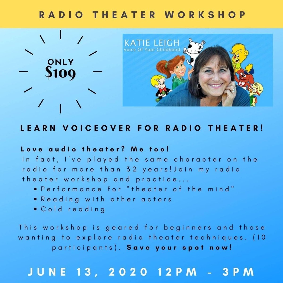 KatieLeighVO's tweet photo. Just two spots left for my Radio Theater Workshop via Zoom this Saturday, June 13th! Get more info and sign up here: https://t.co/WscRdDWXsW
#voiceover #voclass #voiceactingclass https://t.co/K9iGRozJKF